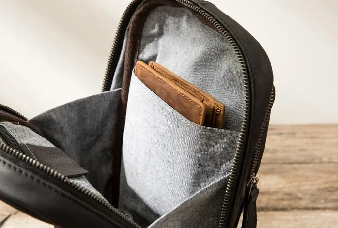 Leather Mens Black Shoulder Sling Backpack Sling Bag Sling Backpack for men