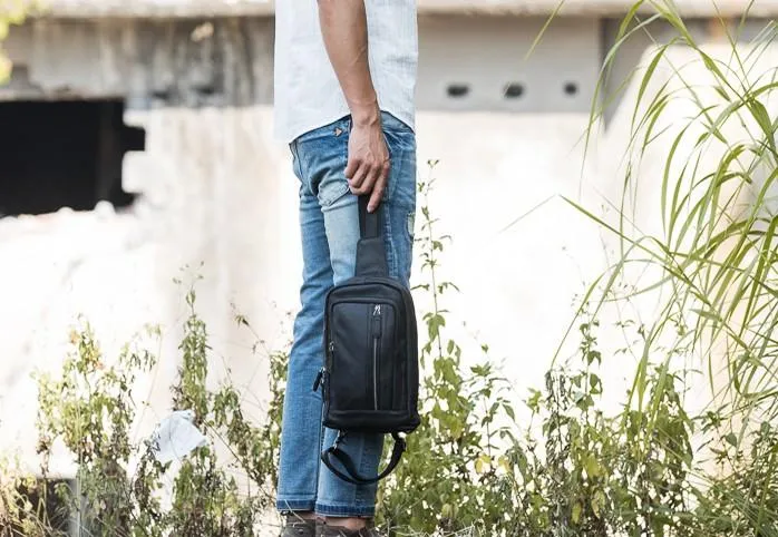 Leather Mens Black Shoulder Sling Backpack Sling Bag Sling Backpack for men
