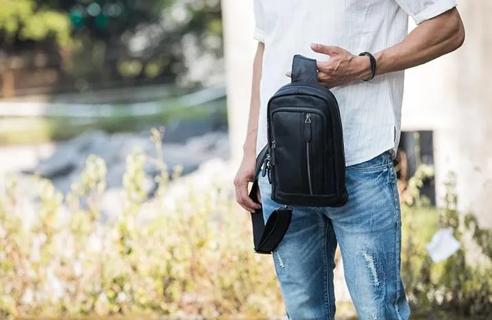 Leather Mens Black Shoulder Sling Backpack Sling Bag Sling Backpack for men