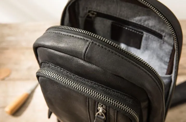 Leather Mens Black Shoulder Sling Backpack Sling Bag Sling Backpack for men
