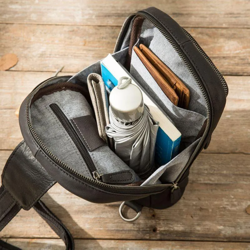 Leather Mens Black Shoulder Sling Backpack Sling Bag Sling Backpack for men