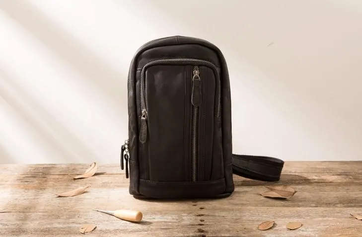 Leather Mens Black Shoulder Sling Backpack Sling Bag Sling Backpack for men