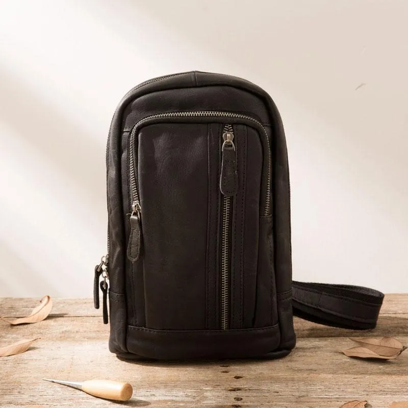 Leather Mens Black Shoulder Sling Backpack Sling Bag Sling Backpack for men
