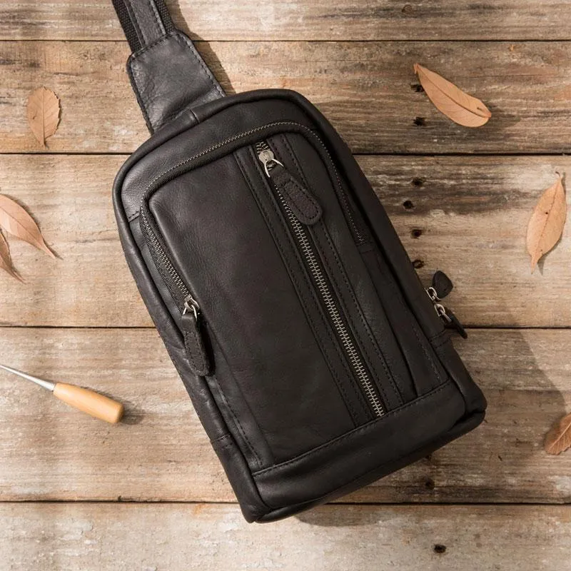 Leather Mens Black Shoulder Sling Backpack Sling Bag Sling Backpack for men