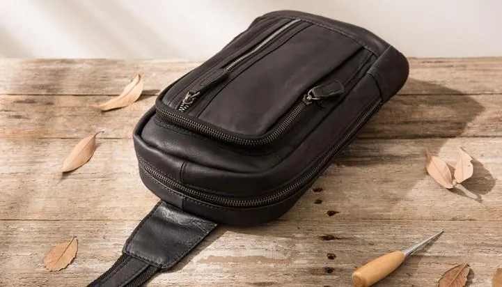 Leather Mens Black Shoulder Sling Backpack Sling Bag Sling Backpack for men