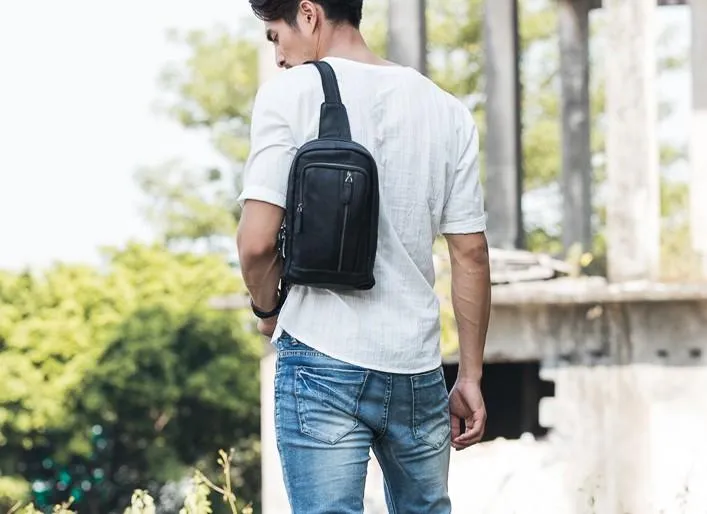 Leather Mens Black Shoulder Sling Backpack Sling Bag Sling Backpack for men