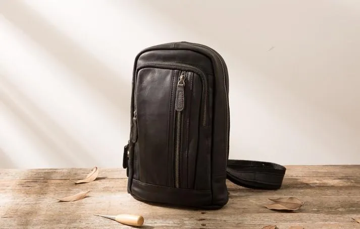 Leather Mens Black Shoulder Sling Backpack Sling Bag Sling Backpack for men