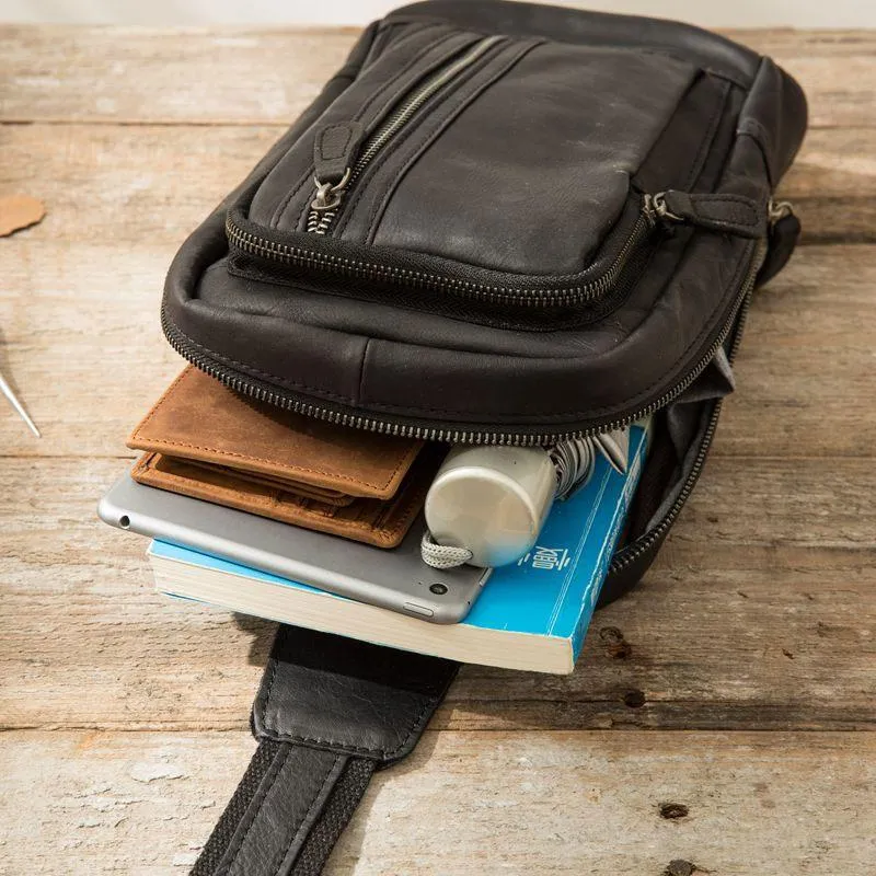 Leather Mens Black Shoulder Sling Backpack Sling Bag Sling Backpack for men