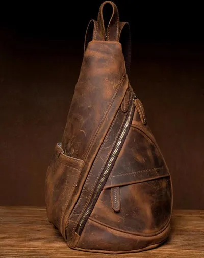 Leather Mens Cool 10 inches Sling Bag Crossbody Bag Chest Bag for men