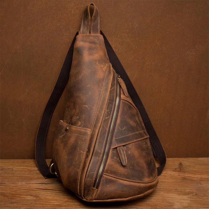Leather Mens Cool 10 inches Sling Bag Crossbody Bag Chest Bag for men