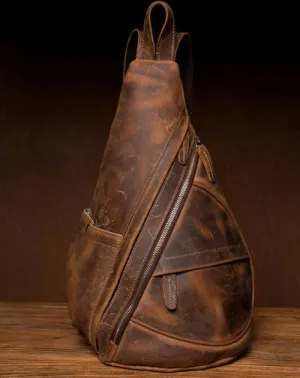 Leather Mens Cool 10 inches Sling Bag Crossbody Bag Chest Bag for men