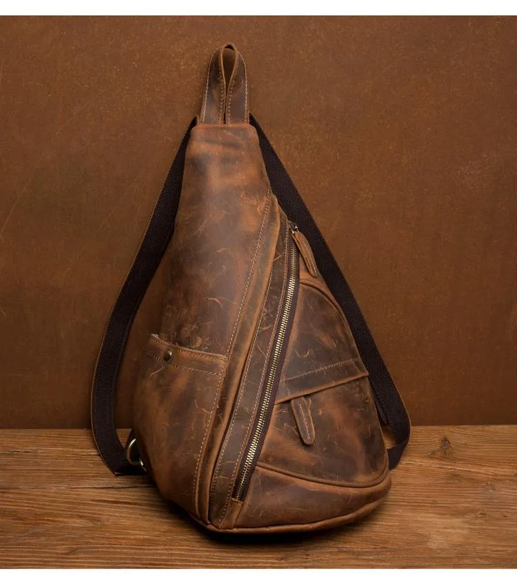 Leather Mens Cool 10 inches Sling Bag Crossbody Bag Chest Bag for men
