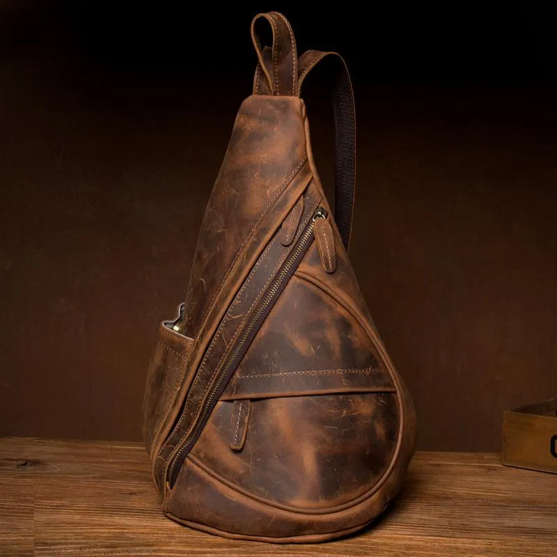 Leather Mens Cool 10 inches Sling Bag Crossbody Bag Chest Bag for men