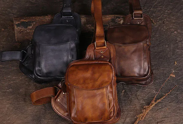 Leather Mens Cool Chest Bag Sling Bag Sling Crossbody Bag Travel Sling Bag for men