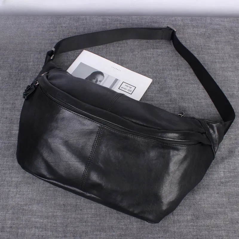 Leather Mens Large Sling Bag Black Leather Mens Big Waist Bag Fanny Pack For Big Men