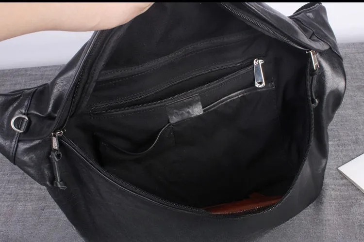 Leather Mens Large Sling Bag Black Leather Mens Big Waist Bag Fanny Pack For Big Men