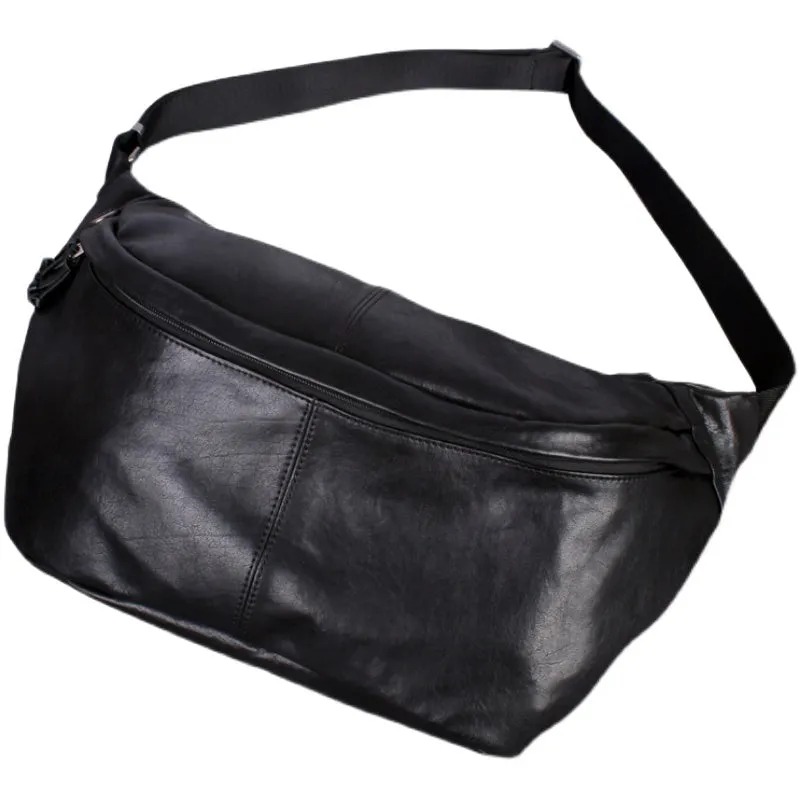 Leather Mens Large Sling Bag Black Leather Mens Big Waist Bag Fanny Pack For Big Men