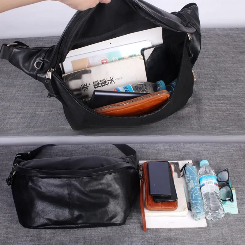 Leather Mens Large Sling Bag Black Leather Mens Big Waist Bag Fanny Pack For Big Men