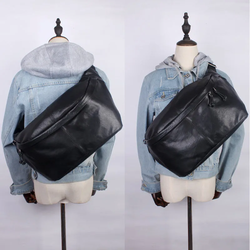 Leather Mens Large Sling Bag Black Leather Mens Big Waist Bag Fanny Pack For Big Men