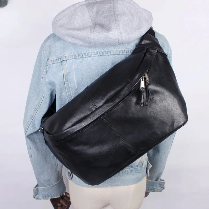 Leather Mens Large Sling Bag Black Leather Mens Big Waist Bag Fanny Pack For Big Men