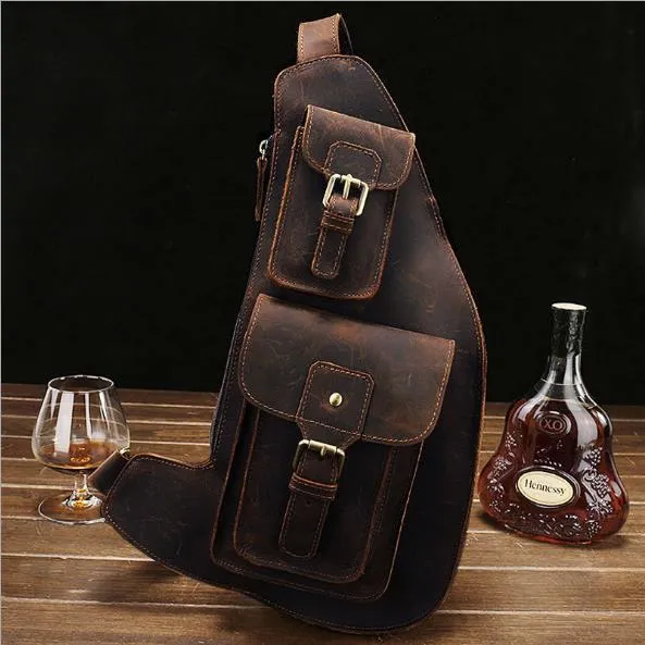 Leather Mens Sling Bag Chest Bag Cool Sling Shoulder Bag Sling Backpack for men