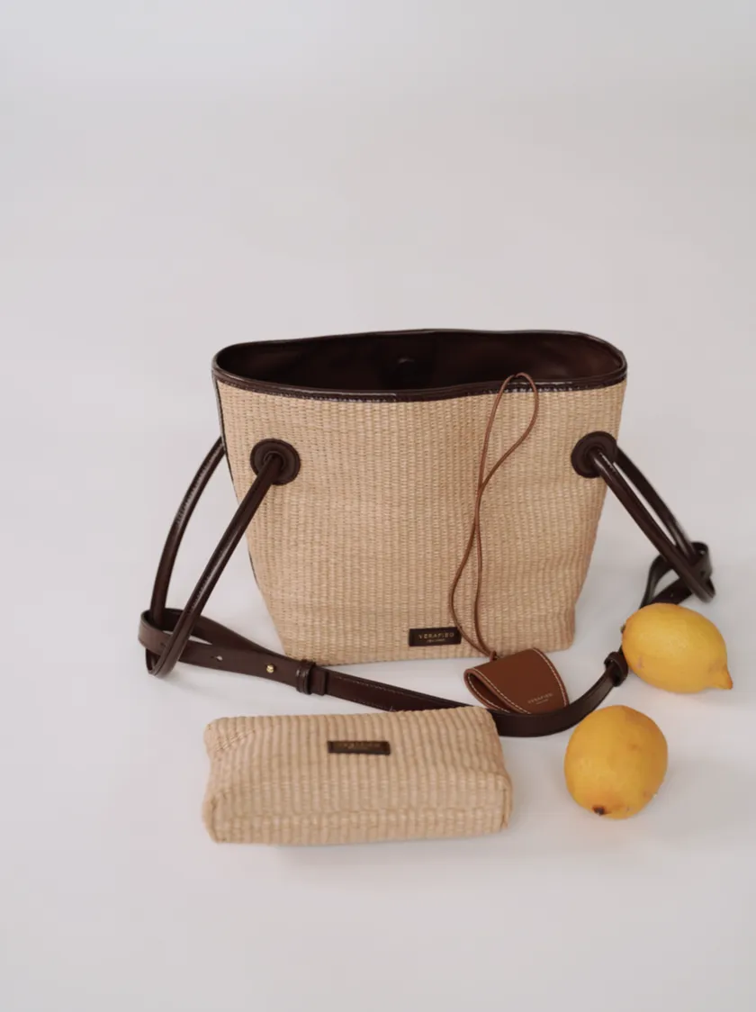 Leather-trimmed Raffia Bucket Bag(Pre-Order. Will Ship Mid-May)