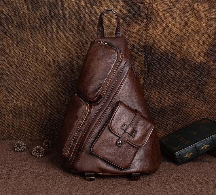 Men's Leather Sling Bag Large Convertible Cool Backpacks Sling Crossbody Pack For Men