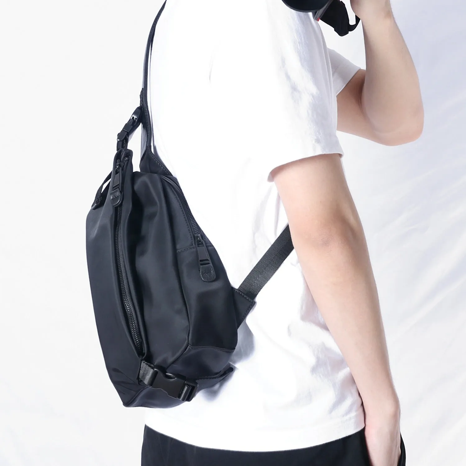 Mens Nylon Sling Bag Waterproof Black Nylon Biker Chest Purse Nylon Crossbody Sling Bag for Men