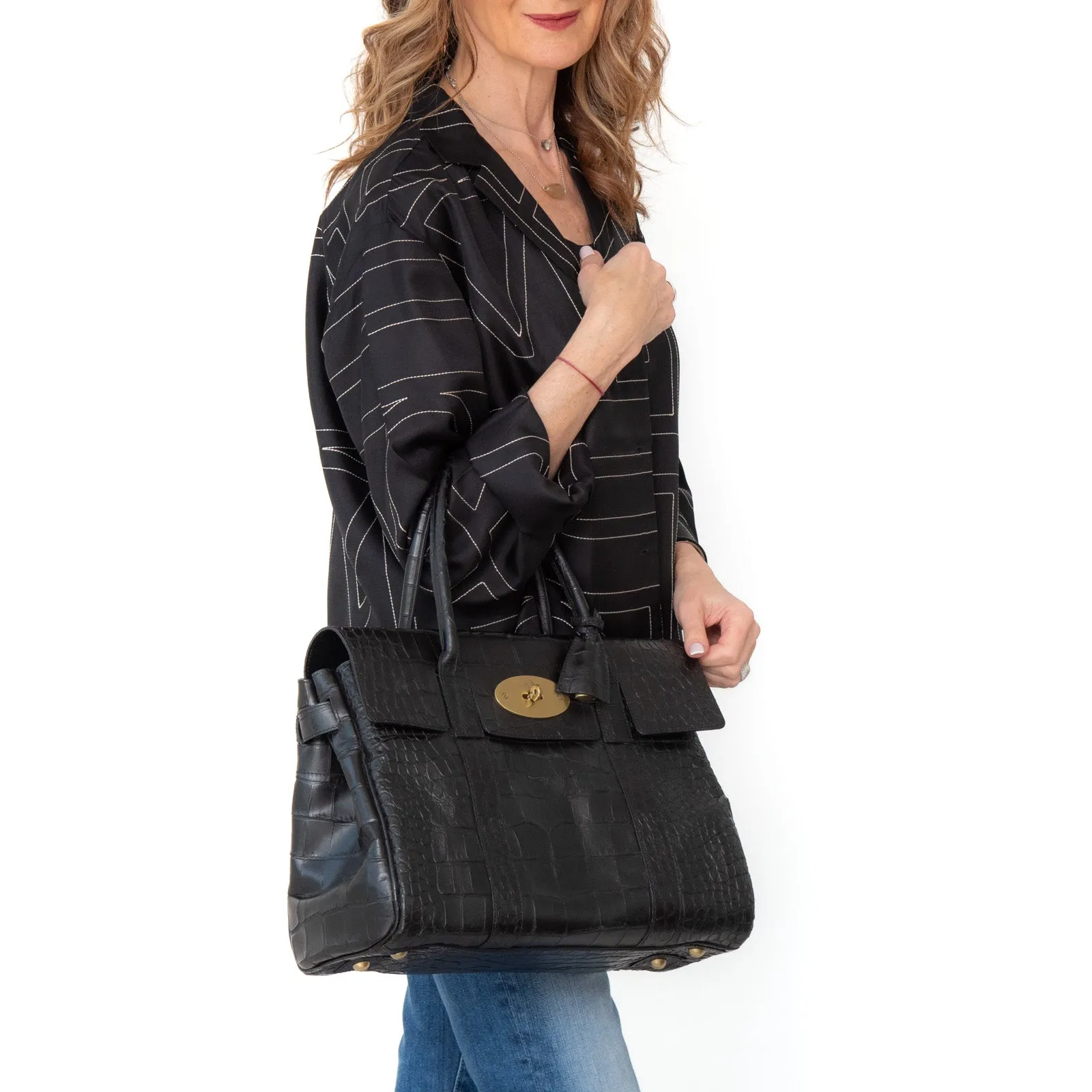 Mulberry Black Bayswater Heritage Mock Croc Embossed Leather Bag
