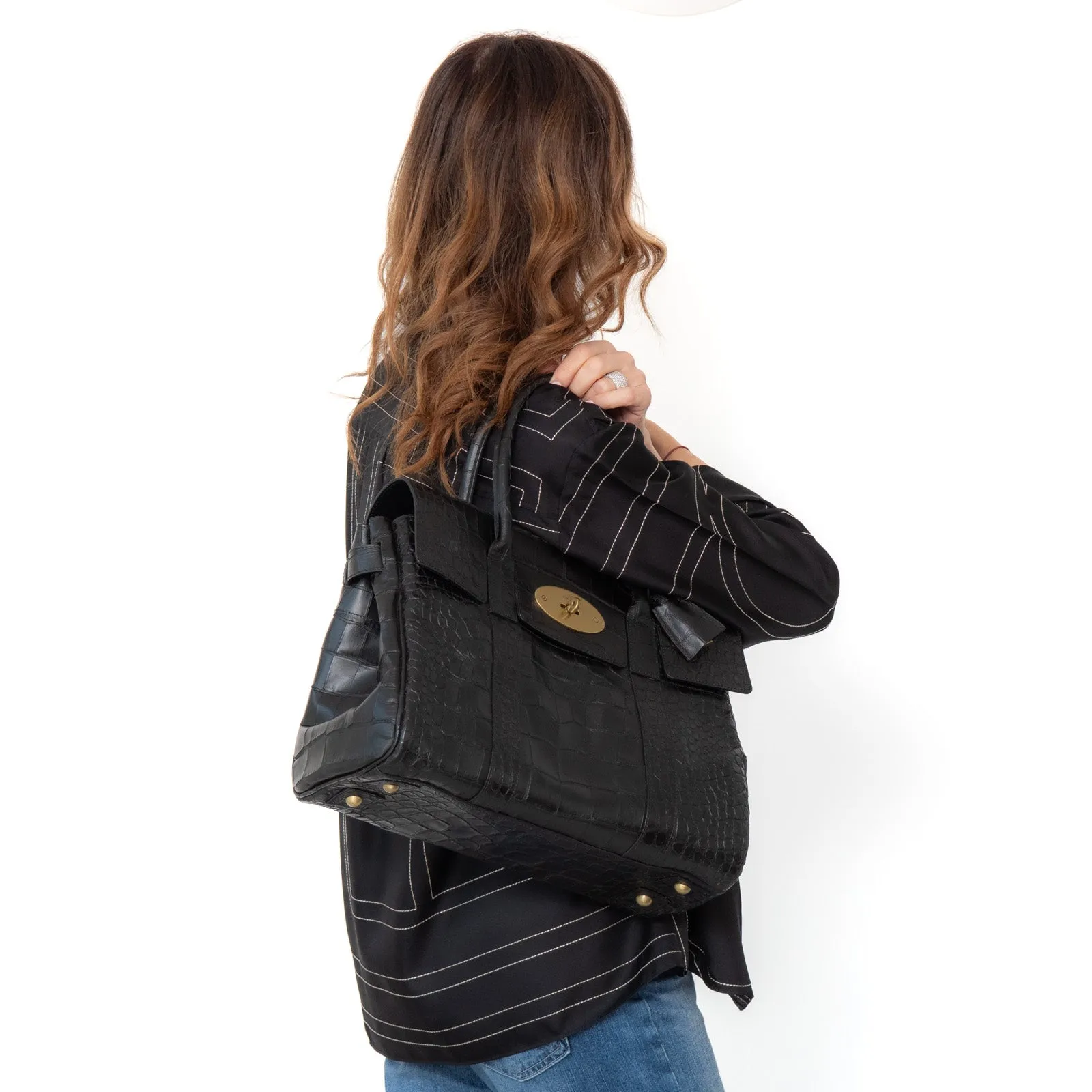 Mulberry Black Bayswater Heritage Mock Croc Embossed Leather Bag