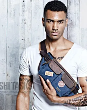 Navy Blue Canvas Leather Fanny Pack Men's Brown Chest Bag Canvas Sling Hip Bag Waist Bag For Men