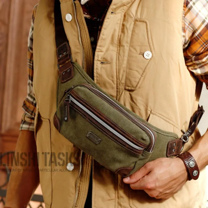 Navy Blue Canvas Leather Fanny Pack Women's Small Khaki Canvas Chest Bag Sling Hip Bag Waist Bag For Men