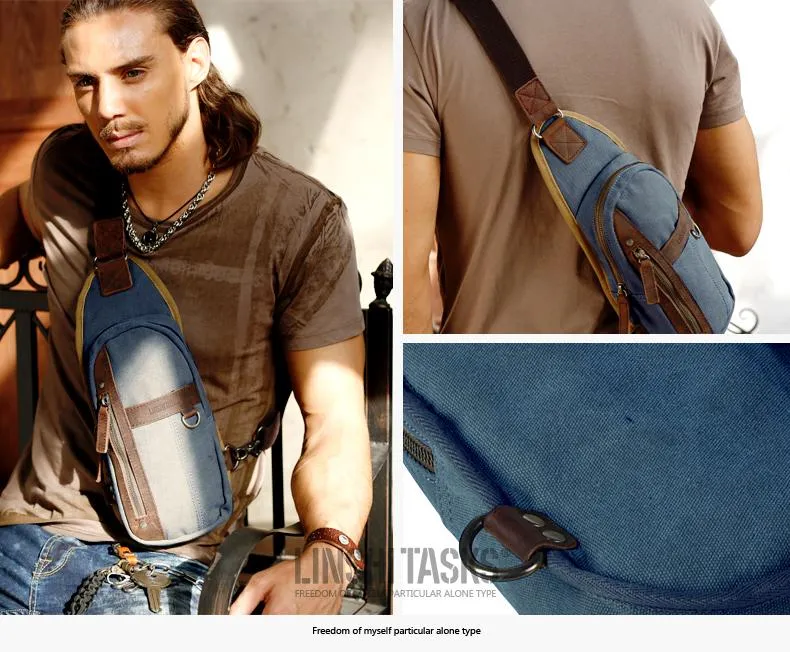 Navy Canvas Sling Backpack Men's Sling Bag Khaki Chest Bag Canvas One shoulder Backpack For Men