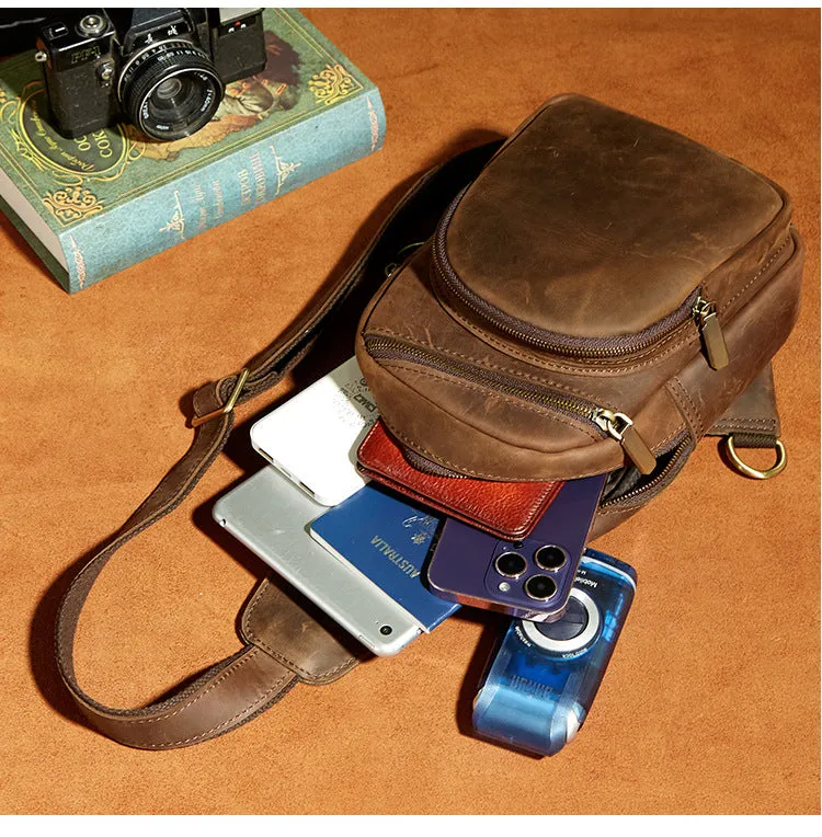 One Shoulder Backpack For Men Vintage Brown Leather Chest Bag Cool Sling Bags Crossbody Sling Bag
