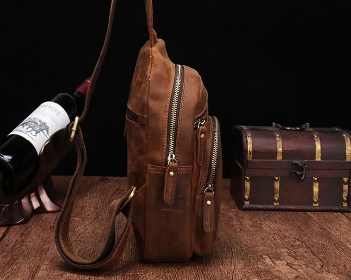 One Shoulder Backpack For Men Vintage Brown Leather Chest Bag Cool Sling Bags Crossbody Sling Bag