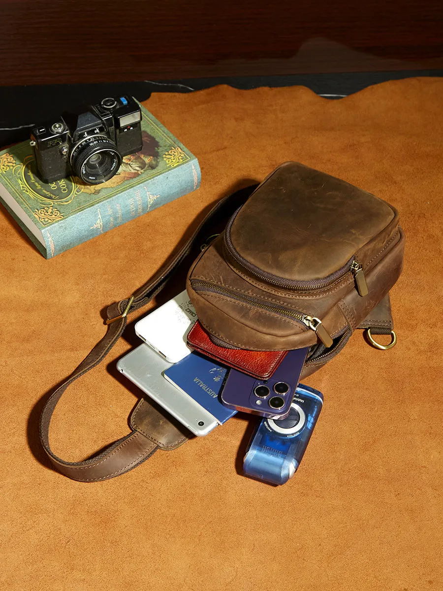 One Shoulder Backpack For Men Vintage Brown Leather Chest Bag Cool Sling Bags Crossbody Sling Bag