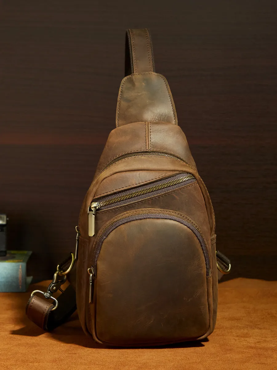 One Shoulder Backpack For Men Vintage Brown Leather Chest Bag Cool Sling Bags Crossbody Sling Bag