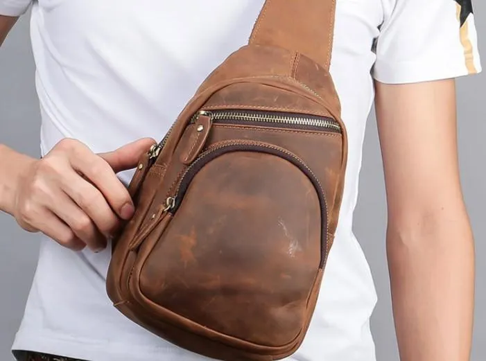 One Shoulder Backpack For Men Vintage Brown Leather Chest Bag Cool Sling Bags Crossbody Sling Bag