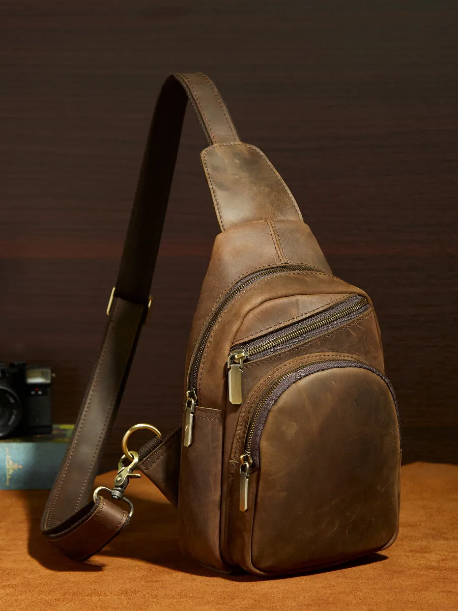 One Shoulder Backpack For Men Vintage Brown Leather Chest Bag Cool Sling Bags Crossbody Sling Bag