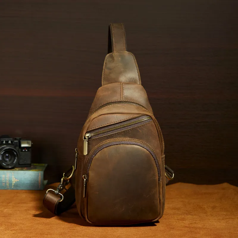 One Shoulder Backpack For Men Vintage Brown Leather Chest Bag Cool Sling Bags Crossbody Sling Bag