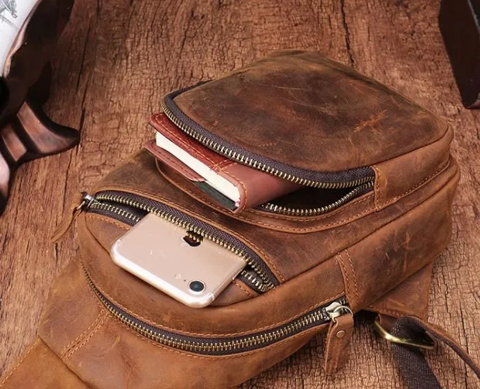 One Shoulder Backpack For Men Vintage Brown Leather Chest Bag Cool Sling Bags Crossbody Sling Bag