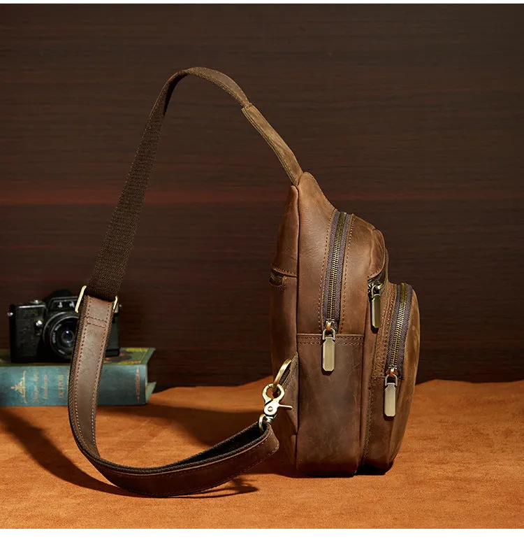 One Shoulder Backpack For Men Vintage Brown Leather Chest Bag Cool Sling Bags Crossbody Sling Bag