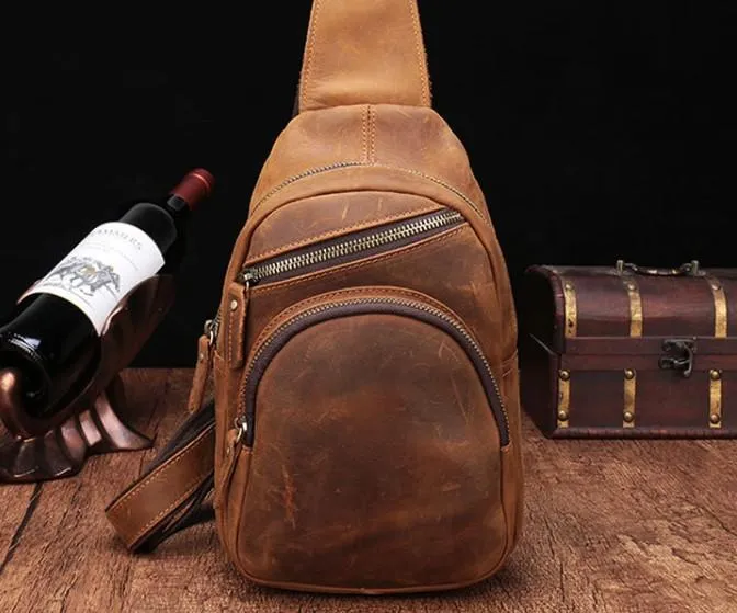 One Shoulder Backpack For Men Vintage Brown Leather Chest Bag Cool Sling Bags Crossbody Sling Bag