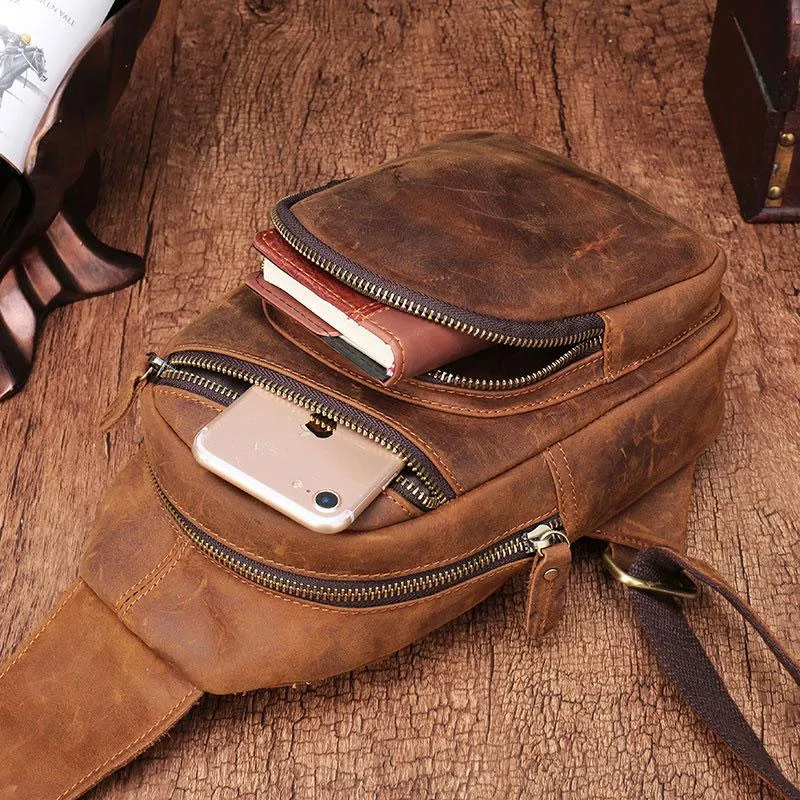 One Shoulder Backpack For Men Vintage Brown Leather Chest Bag Cool Sling Bags Crossbody Sling Bag
