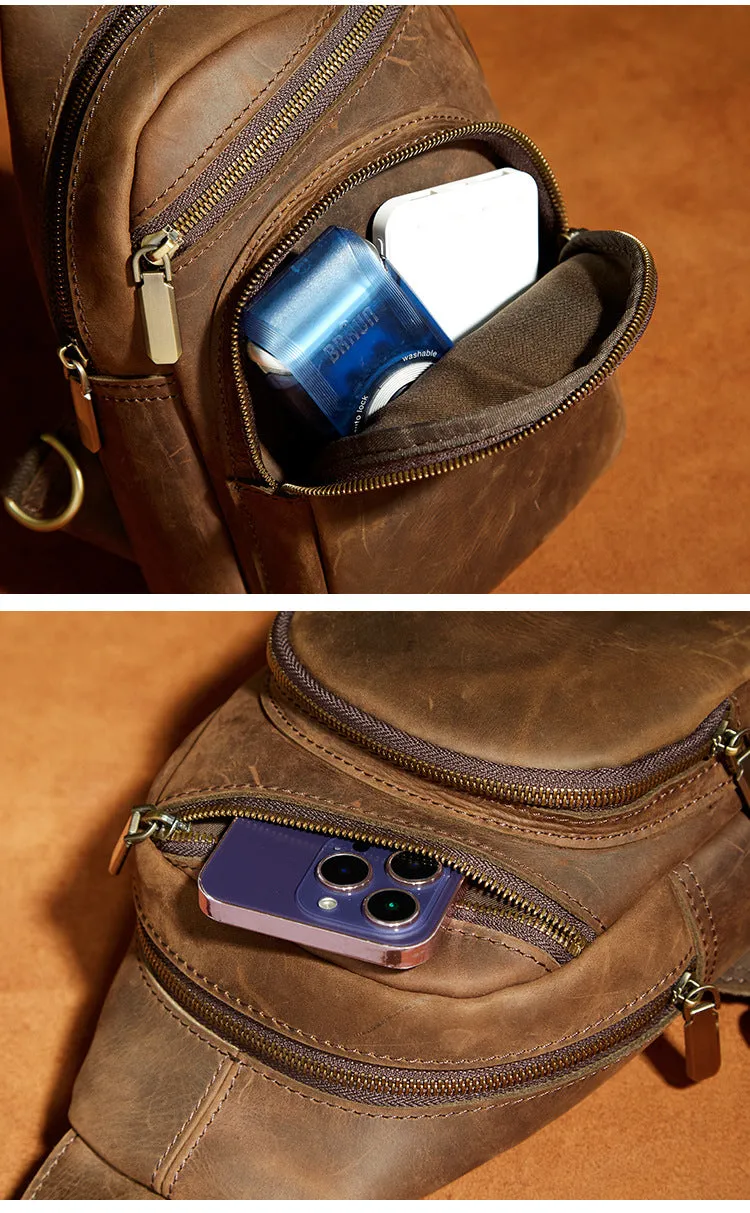 One Shoulder Backpack For Men Vintage Brown Leather Chest Bag Cool Sling Bags Crossbody Sling Bag
