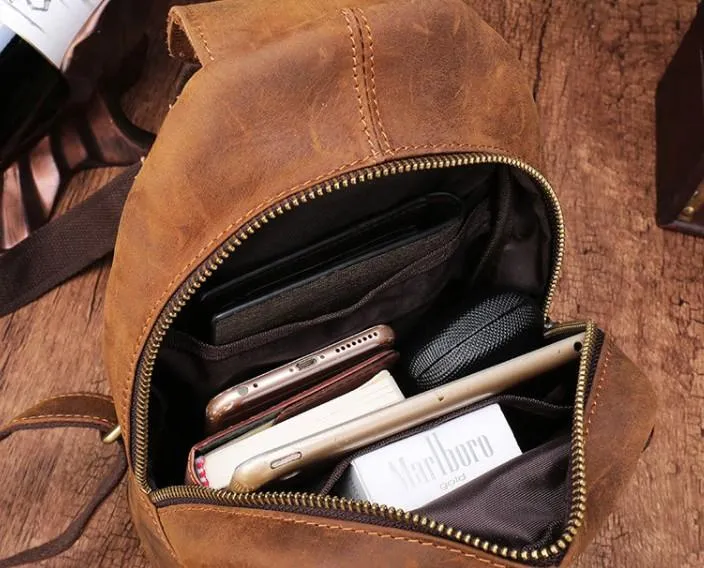 One Shoulder Backpack For Men Vintage Brown Leather Chest Bag Cool Sling Bags Crossbody Sling Bag