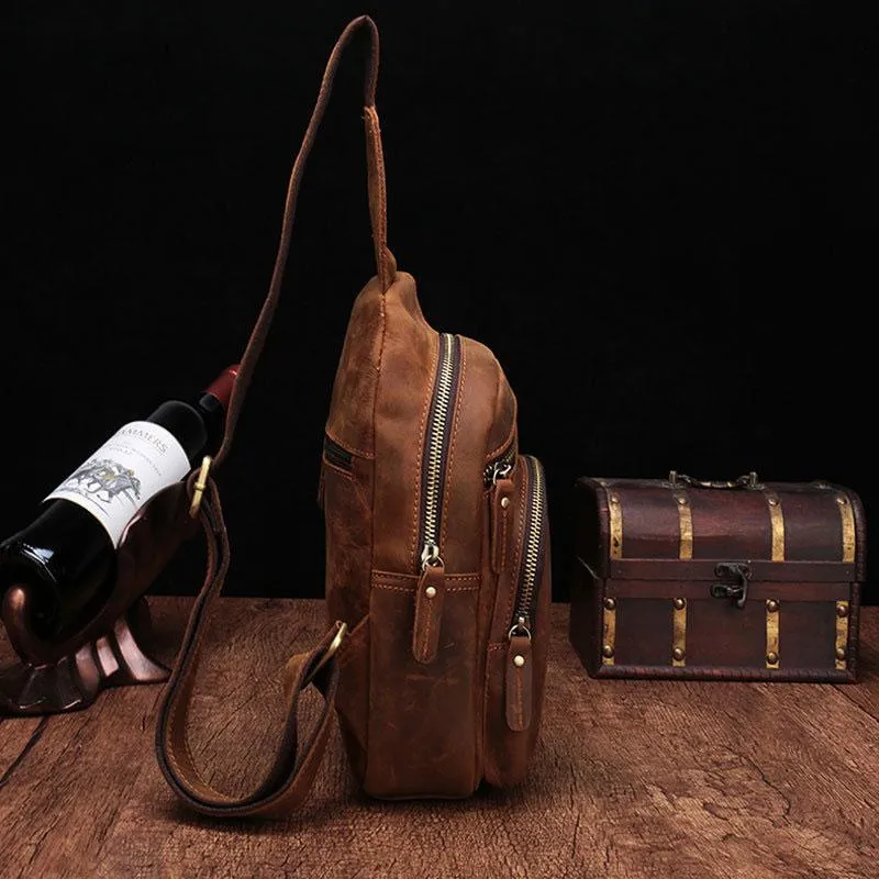 One Shoulder Backpack For Men Vintage Brown Leather Chest Bag Cool Sling Bags Crossbody Sling Bag