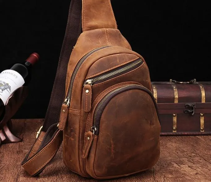 One Shoulder Backpack For Men Vintage Brown Leather Chest Bag Cool Sling Bags Crossbody Sling Bag