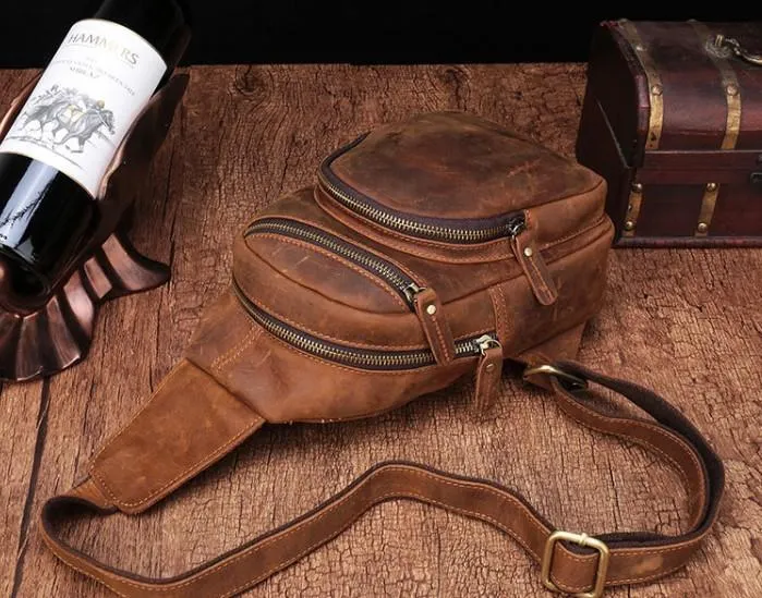 One Shoulder Backpack For Men Vintage Brown Leather Chest Bag Cool Sling Bags Crossbody Sling Bag
