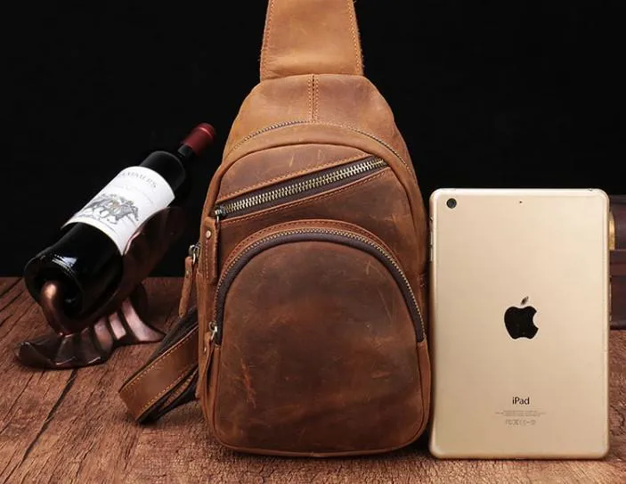 One Shoulder Backpack For Men Vintage Brown Leather Chest Bag Cool Sling Bags Crossbody Sling Bag